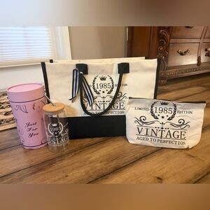 Vintage Aged to Perfection 1985 40th birthday Tote Cosmetic bag glassware set